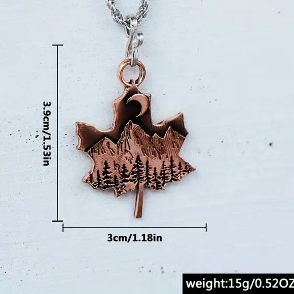 Maple Leaf Pendant Necklace with Mountains and Moon #1124 - Picture 5 of 8